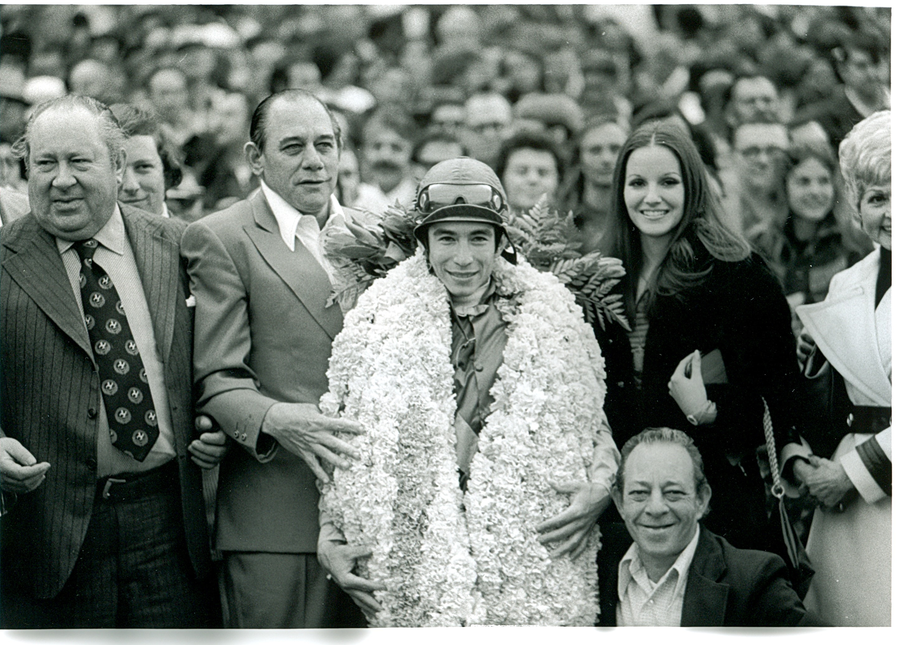 Sham's owner Sigmund Sommer, trainer Frank Martin, jockey Laffit Pincay, Jr., Linda Pincay, and Isadore Martin in the winner's circle after the Santa Anita Derby. ©Copyright Bill Mochon Photography.